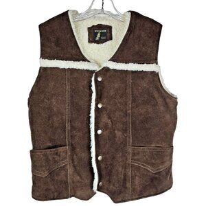 Vtg Sears Western Wear‎ Suede Split Cowhide Shearling Vest Brown Faux Fur Lined